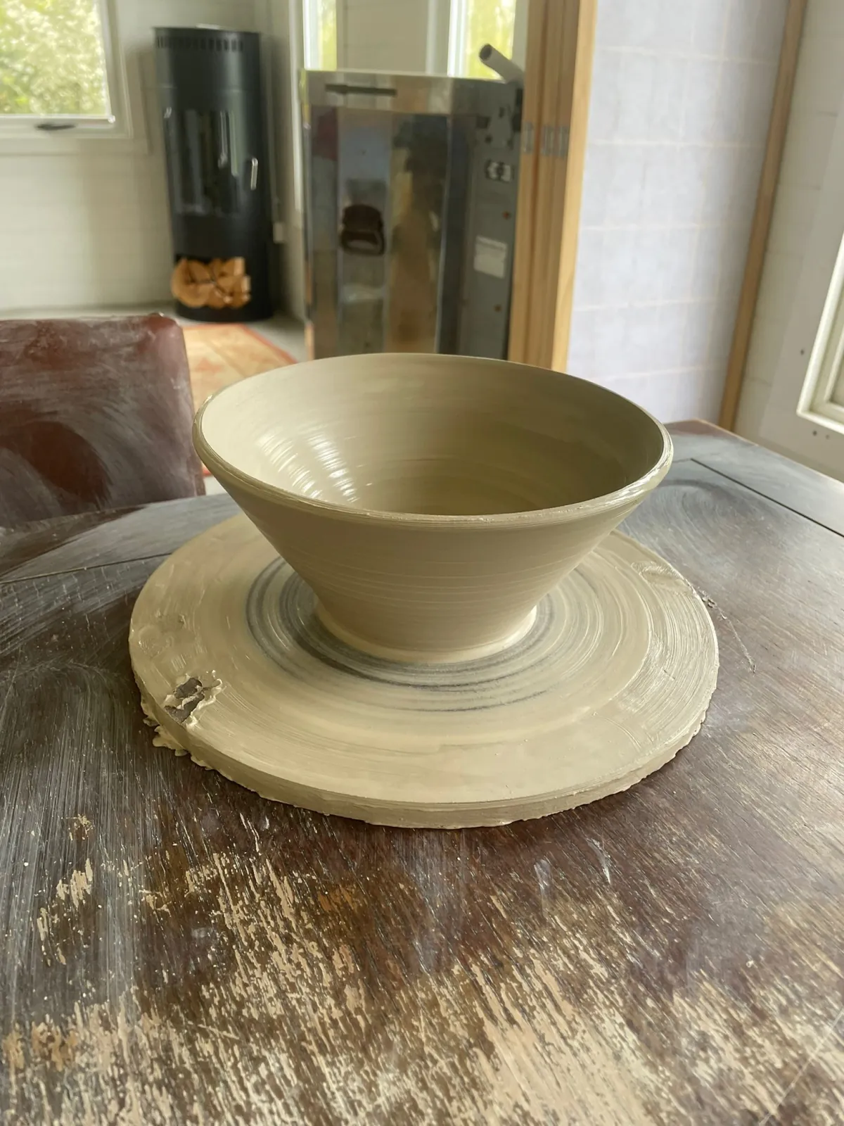 Ramen Bowl greenware on potter's wheel, in process